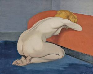 Naked Woman Kneeling In Front of a Red Couch