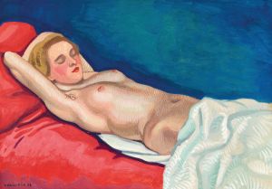 Femme nue couchée sur un canapé rouge