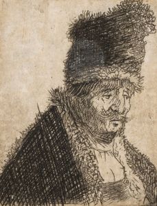 Old man in fur coat and high cap, bust