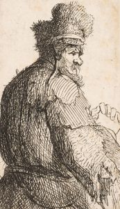 Old man seen from behind; profile to right; half figure