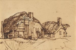 Two Thatched Cottages with Figures at a Window