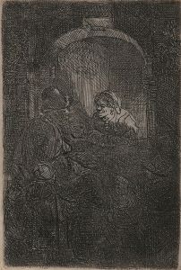 Woman at a hatch door talking to a man and children