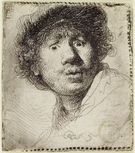 Self-Portrait in a cap, wide-eyed and open-mouthed