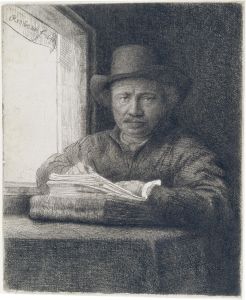 Self-Portrait etching at a window