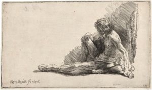 Nude Man seated on the Ground with one Leg extended