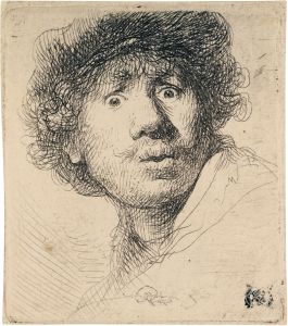 Self-Portrait in a Cap, wide-eyed and open-mouthed