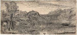Small Grey Landscape: a House and Trees beside a Pool