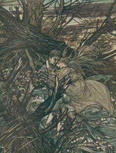 ‘The knight took the beautiful girl in his arms and bore her over the narrow space where the stream had divided her little island from the shore.’