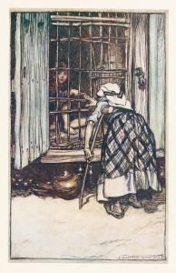 Hansel put out a knuckle-bone, and the old Woman, whose eyes were dim, could not see, and thought it was his finger