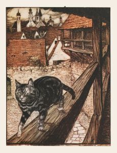 The Cat stole away behind the city walls to the church