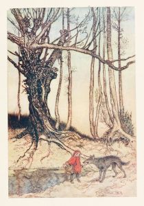 When she got to the wood, she met a Wolf