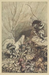 Alberich drives in a band of Niblungs laden with gold and silver treasure