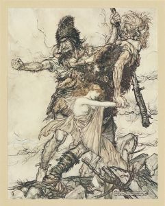 Fasolt suddenly seizes Freia and drags her to one side with Fafner