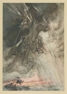 Raging, Wotan Rides to the rock, like a storm-wind he comes!