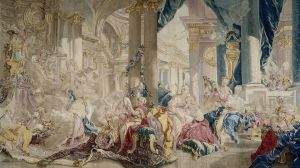 Psyché conduite par Zéphyr dans le palais de l’Amour. Psyché montrant ses richesses à ses soeurs
