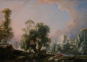 Idyllic Landscape with Woman Fishing