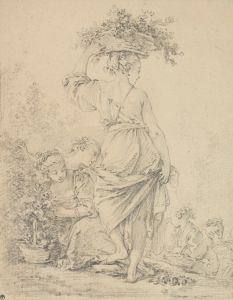 A standing young woman and others gathering flowers
