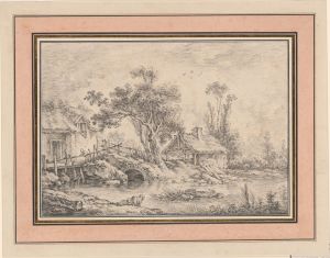 Thatched Mill Cottage and Shed with Two Trees at the Edge of a Stream