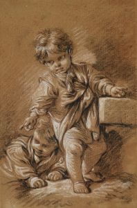 A standing boy, with a reclining boy behind him