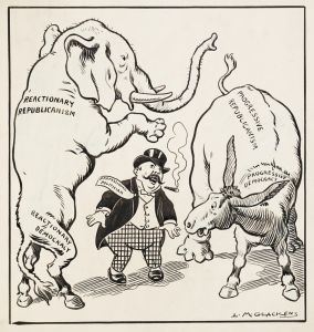 Professional politician stands between two composite animals