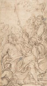 Fragment of a Composition with a Reclining Semi-Nude Man Surrounded by Soldiers and Other Onlookers in a Landscape