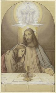 Christ with his favorite disciple John, half-length figures at the table of the Last Supper, above them the Trinity