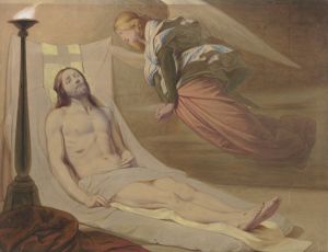 Christ in the grave, a mourning angel hovering over him