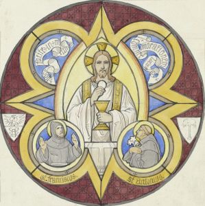 Christus mit Stola, Kelch und Hostie, daneben die Heiligen Franziskus und Antonius