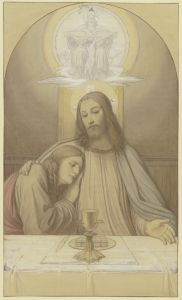 Christus mit dem Lieblingsjünger Johannes, Halbfiguren am Tisch des letzten Abendmahles, über ihnen die Dreifaltigkeit