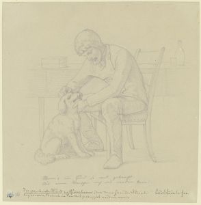 Der sprechende Hund zu Rüdesheim, ein Mann mit dem Hund an einem Tisch sitzend