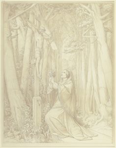 Josephine Brentano im Wald ein Kruzifix verehrend