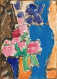Still Life; Flower Still Life With Vase And Figure, Semi-Profile
