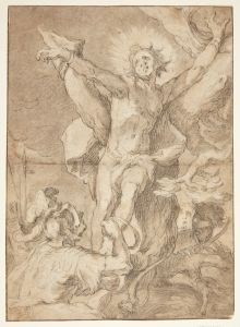 Saint Sebastian is tied to a tree by a Roman soldier