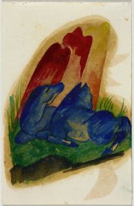 Two blue horses in front of a red rock
