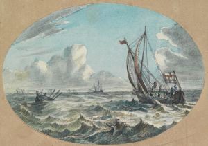 Seestück- Segel und Ruderboote auf bewegtem Meer
