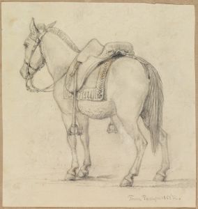 Studie gesatteltes Pferd, von hinten seitlich